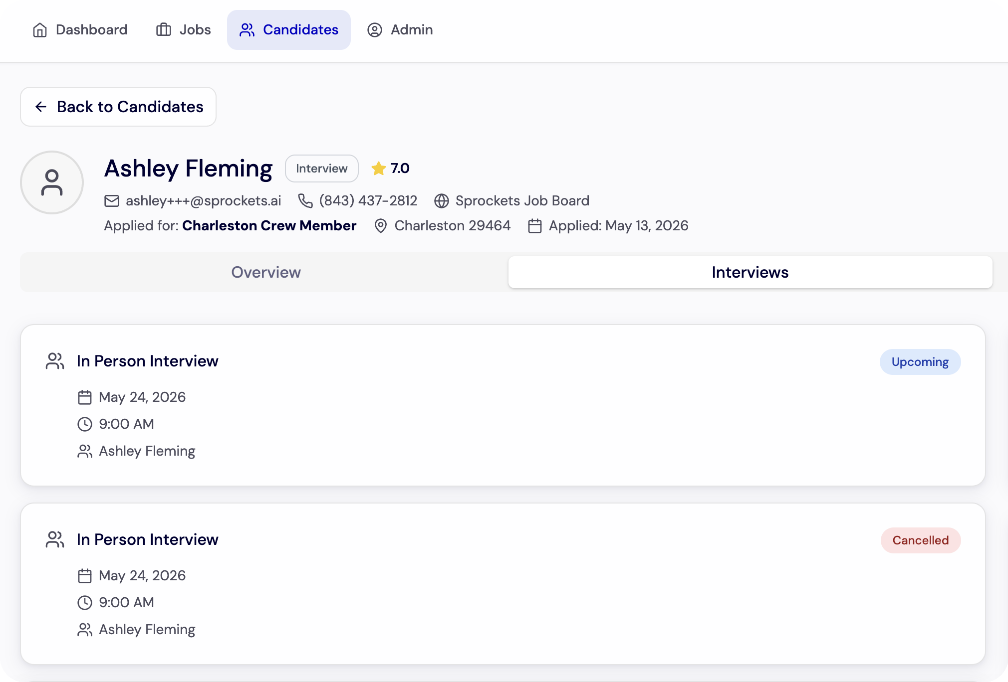 Review a Candidate Profile - Candidate Profile Interviews Tab Upcoming And Cancelled screenshot