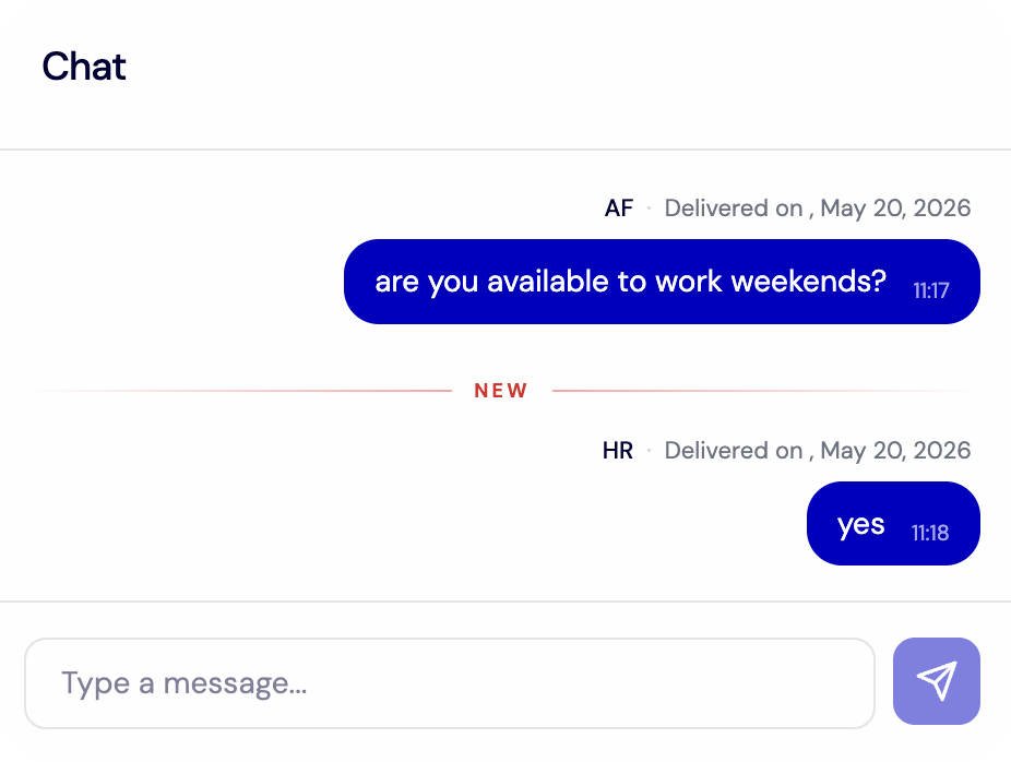 Send a Chat Message to a Candidate - Chat Conversation Weekend Availability screenshot
