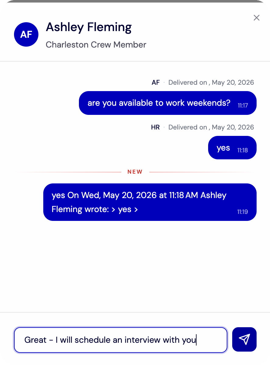 Send a Chat Message to a Candidate - Mobile Chat Draft Response Schedule Interview screenshot