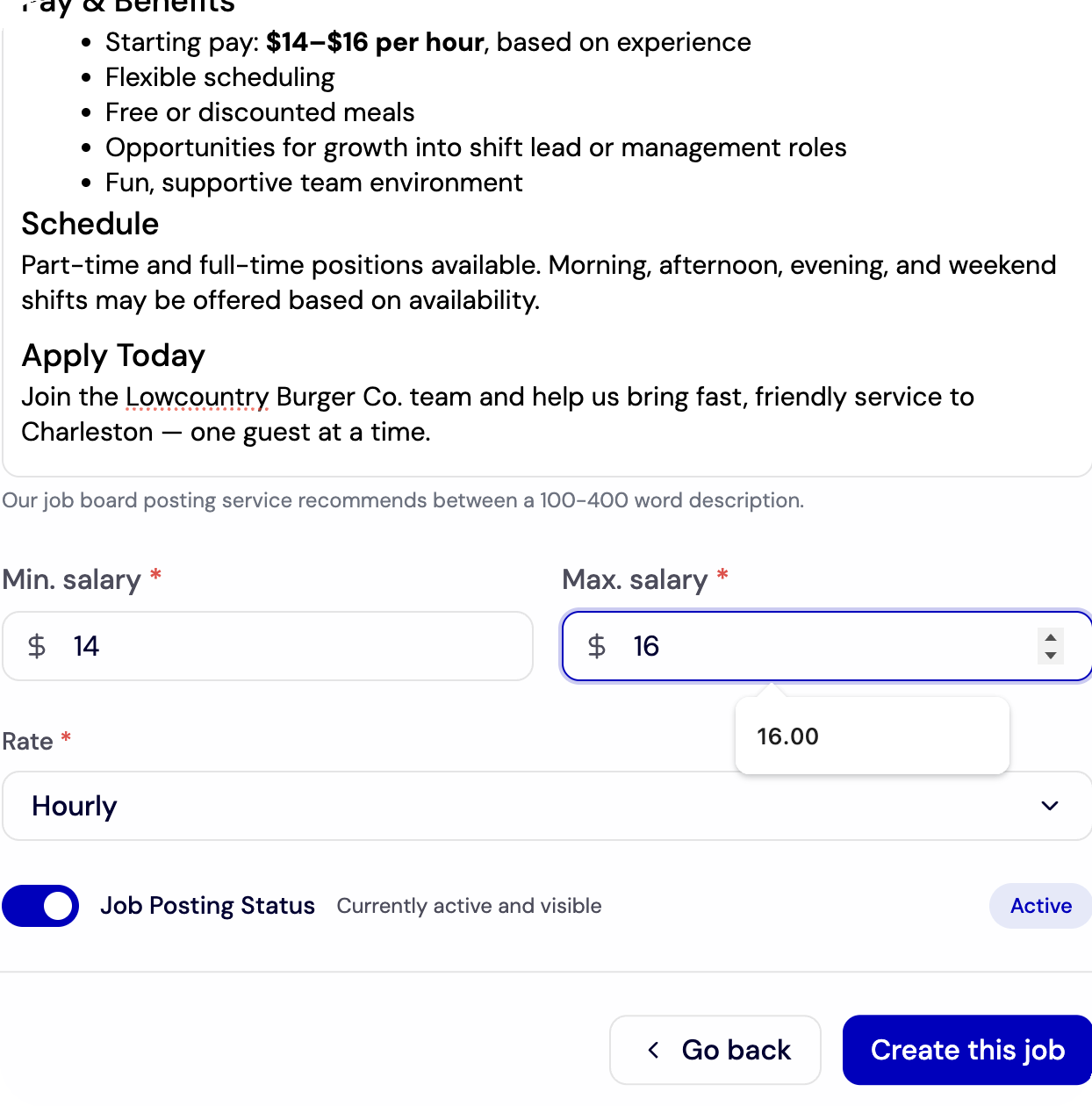Create a New Job Posting - Post Job Pay Benefits Salary And Status screenshot