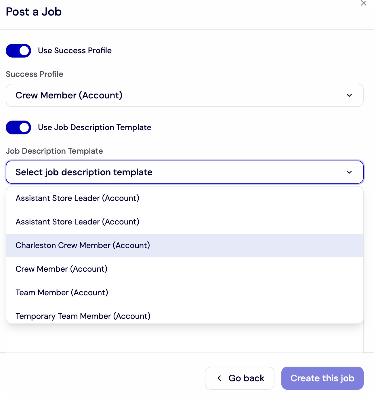 Create a New Job Posting - Post Job Description Template Dropdown screenshot