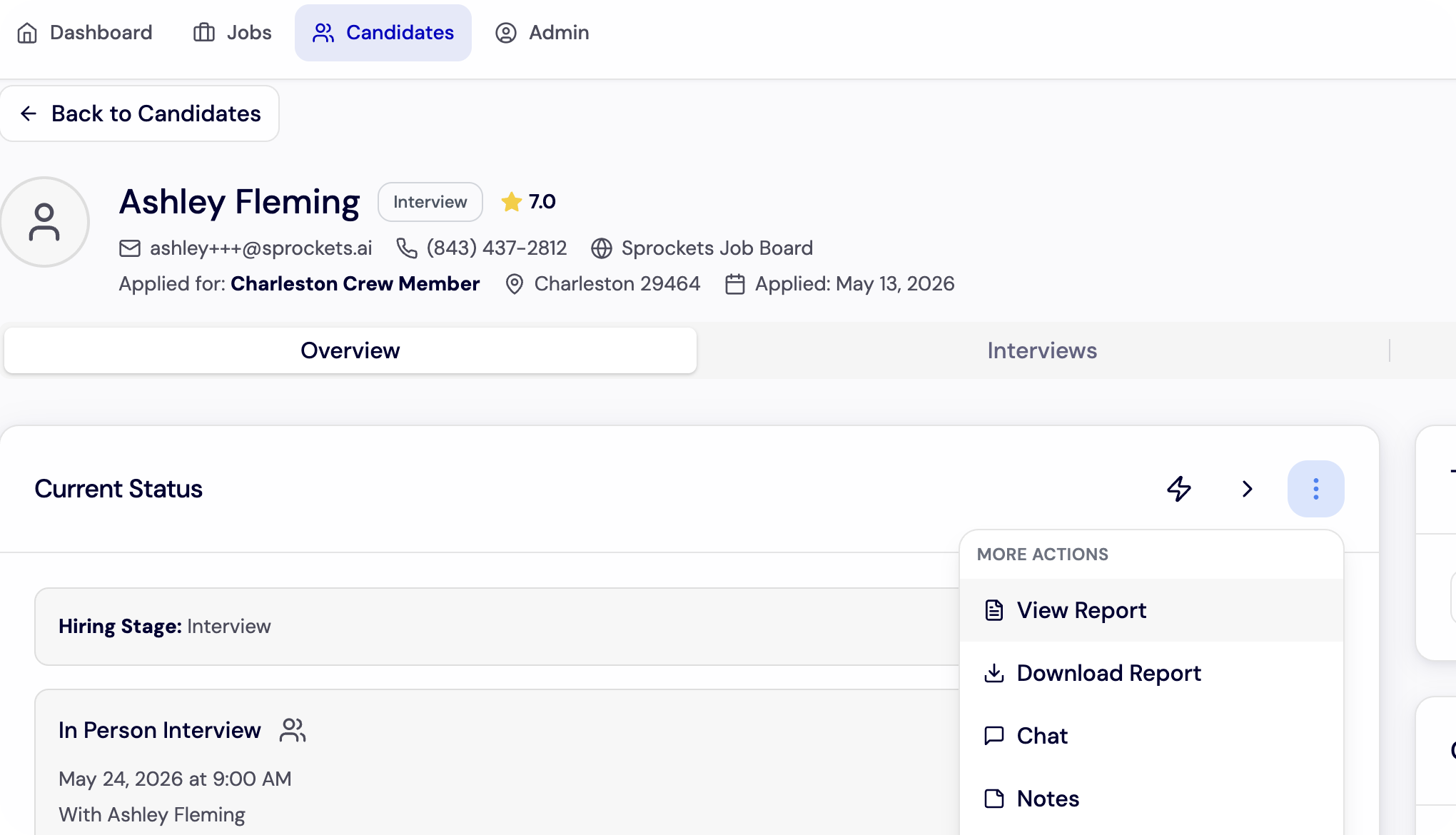 Review a Candidate Profile - Candidate Overview More Actions Menu screenshot