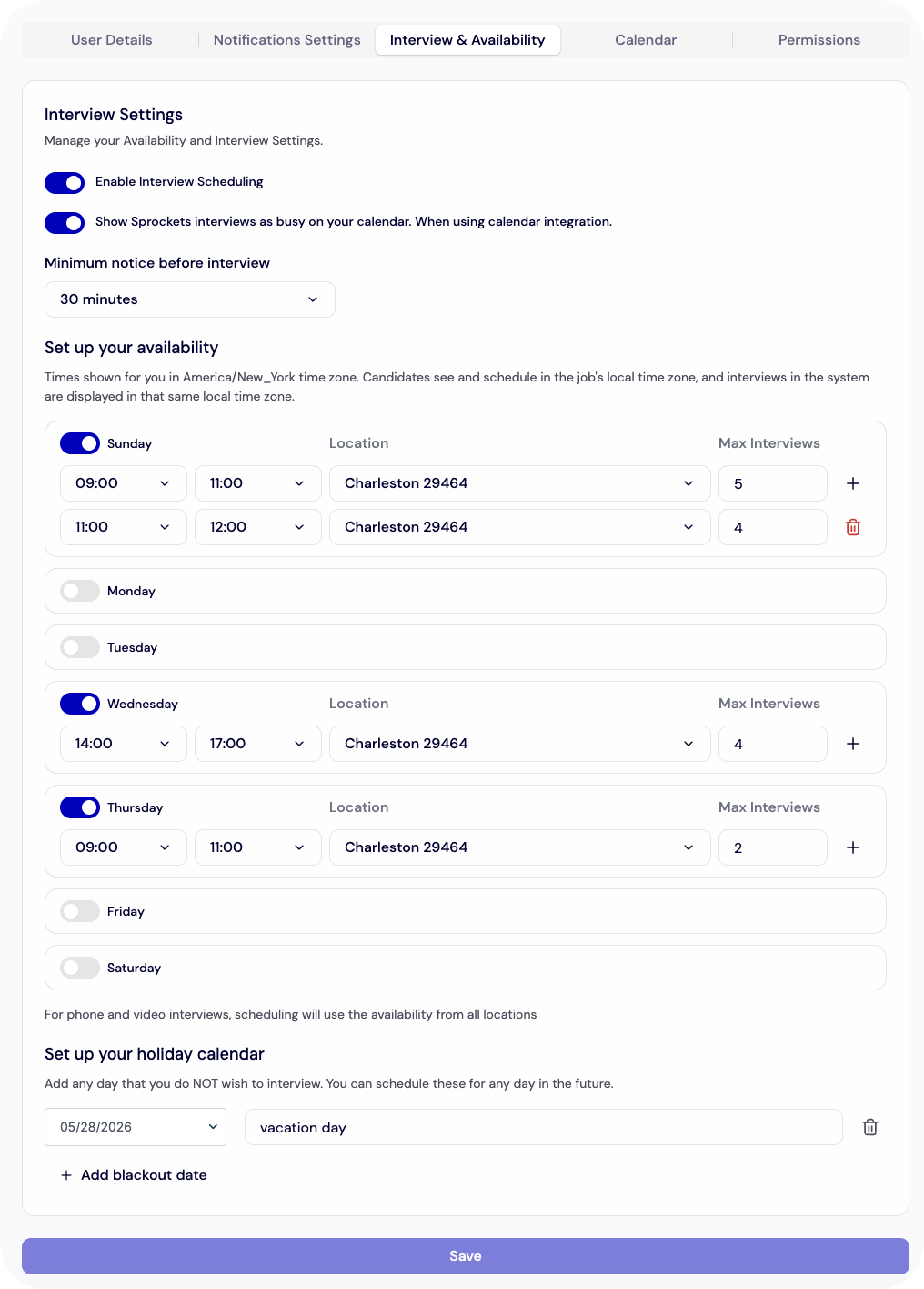 Set Interview Availability - Interview And Availability Settings screenshot
