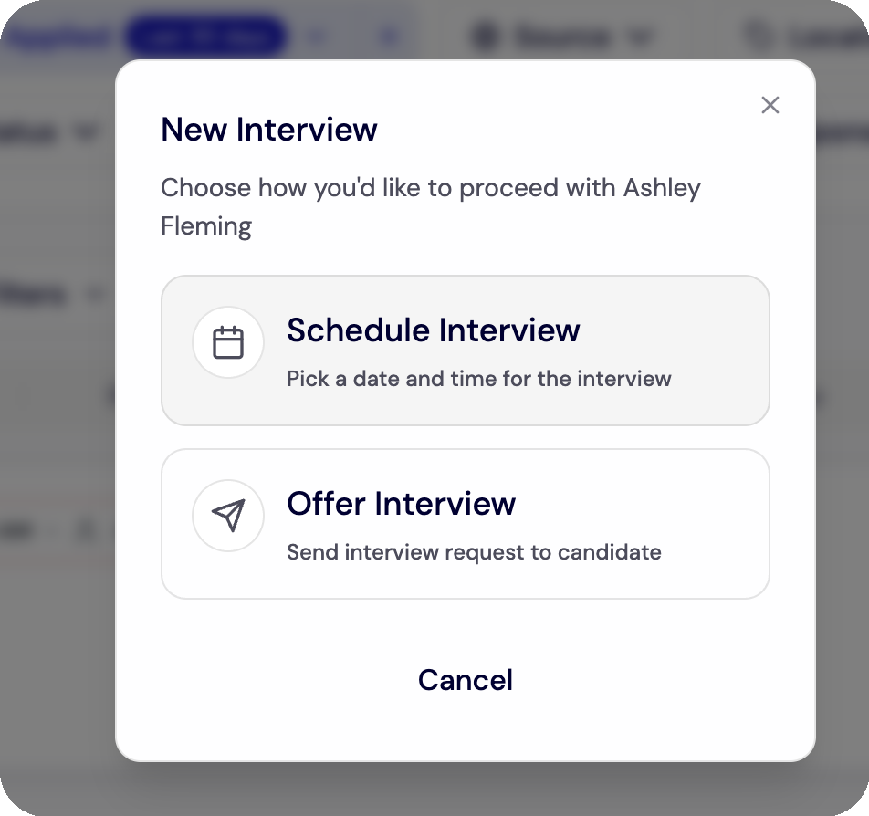 Schedule an Interview - New Interview Schedule Or Offer Options Modal screenshot