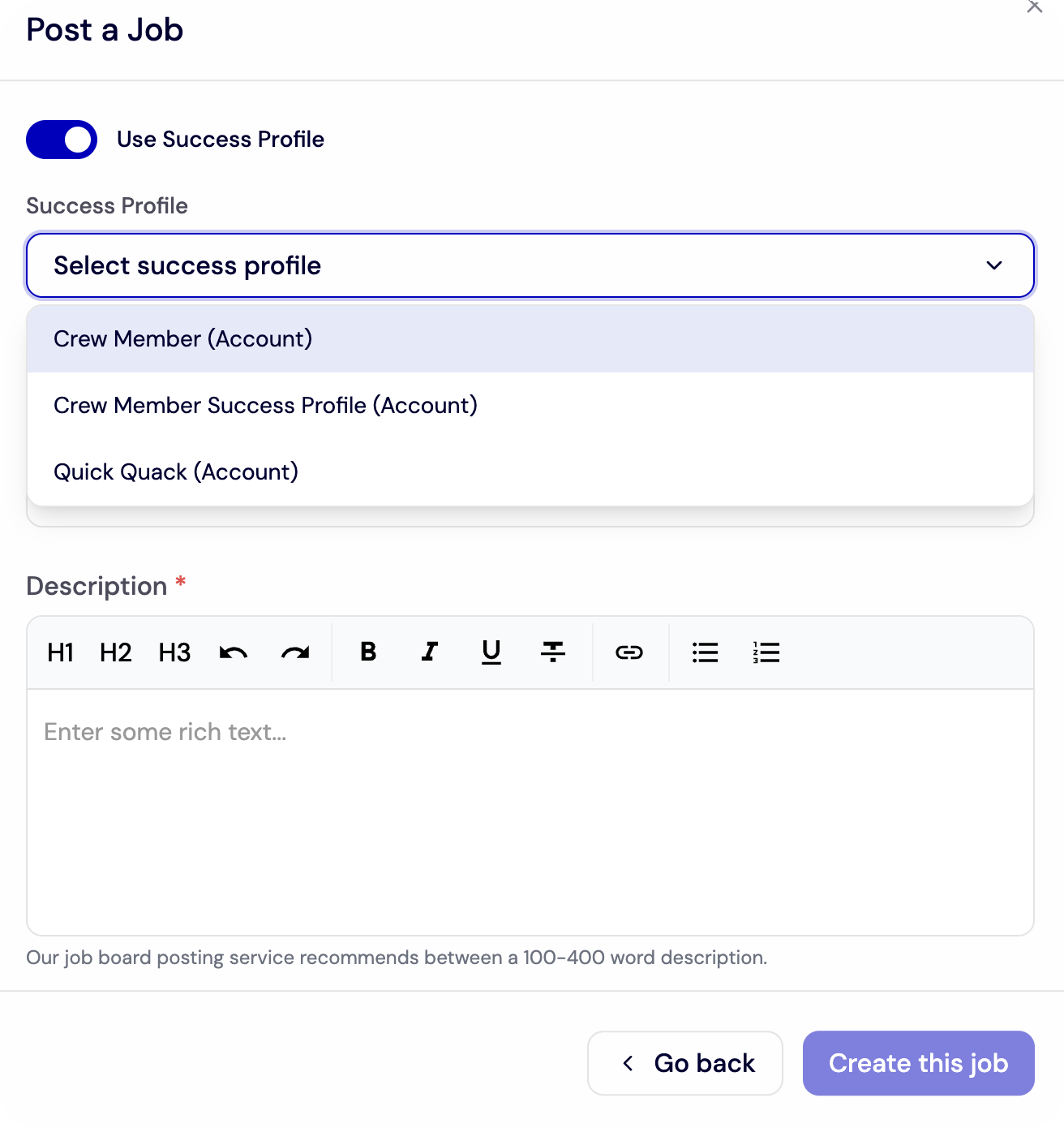 Create a New Job Posting - Post Job Success Profile Dropdown screenshot