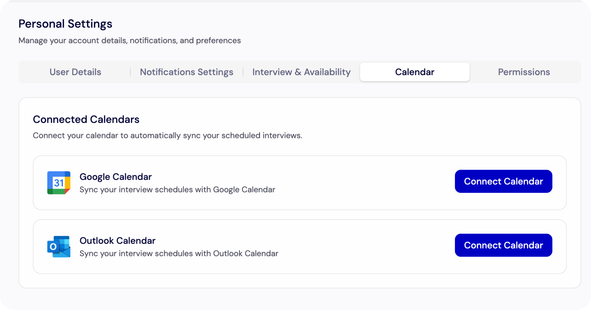 Complete Personal Settings - Calendar Connected Calendars screenshot