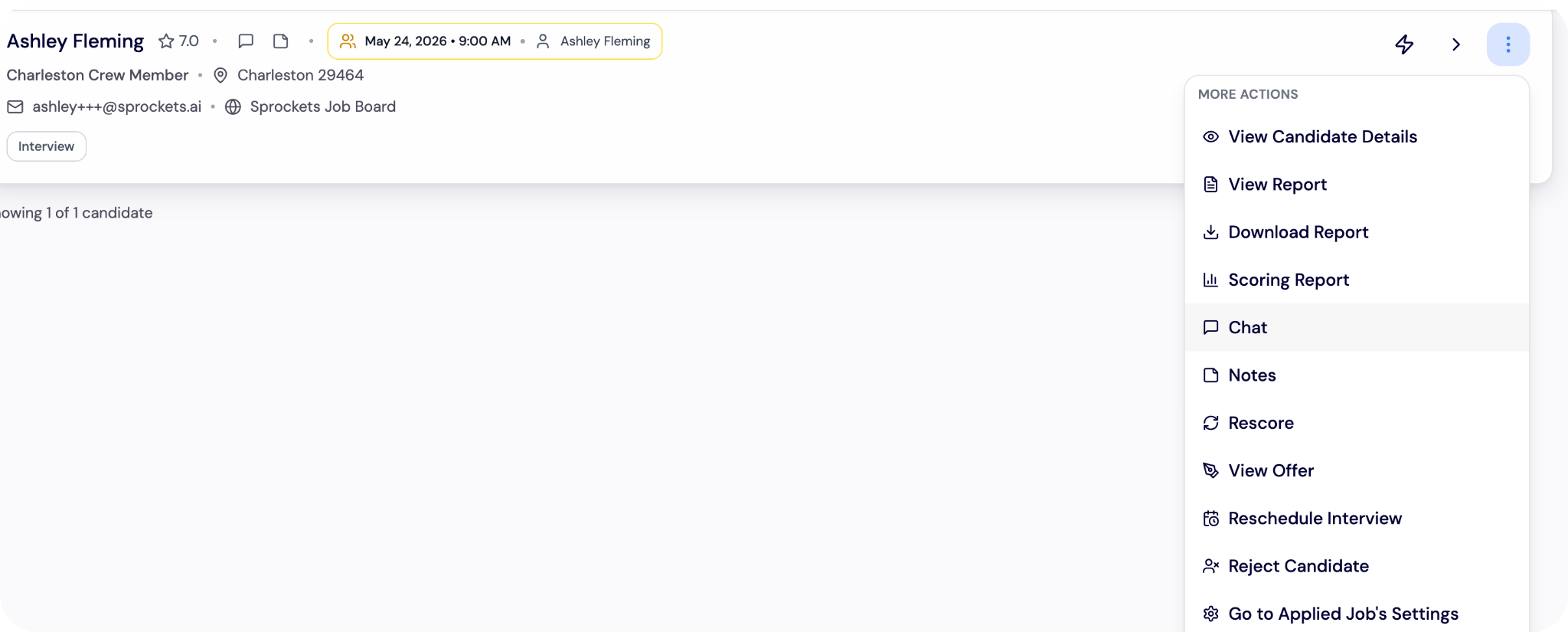 Send a Chat Message to a Candidate - Candidate More Actions Menu Chat Highlighted screenshot