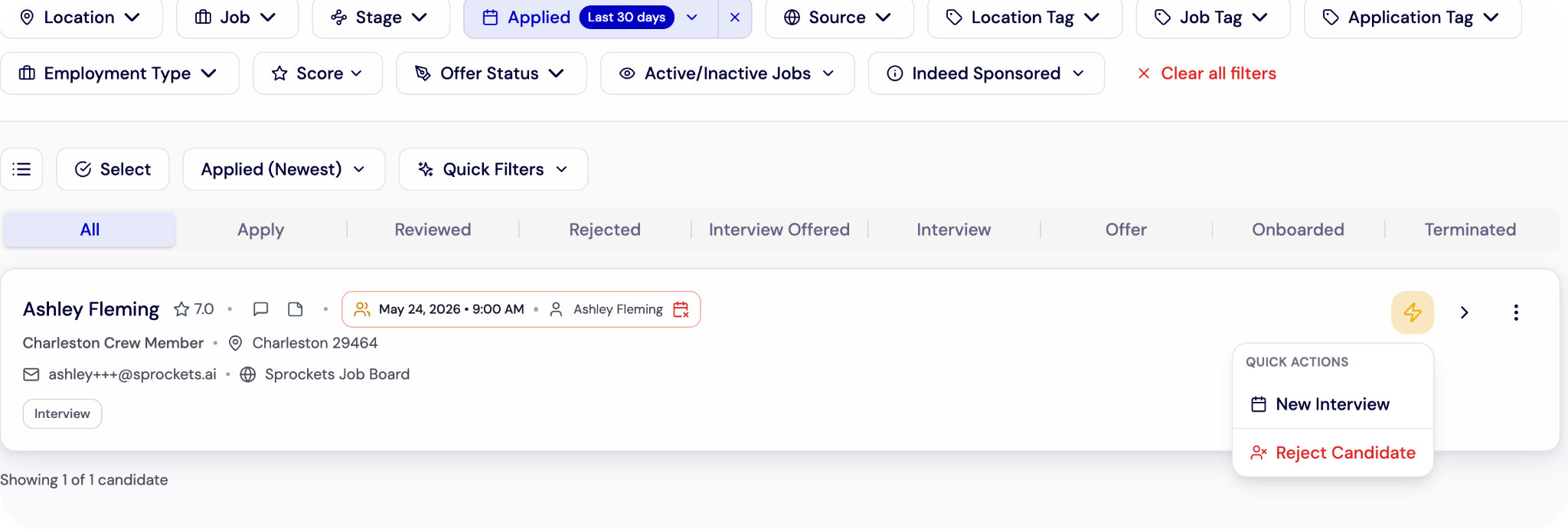Schedule an Interview - Candidate Quick Actions Menu New Interview screenshot