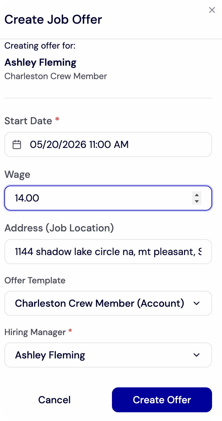 Send a Job Offer - Create Job Offer Form Filled screenshot