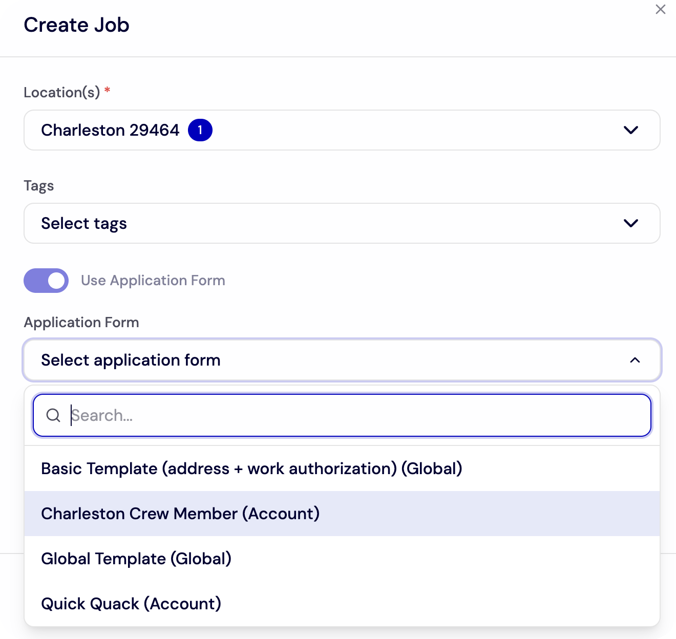 Create a New Job Posting - Create Job Application Form Dropdown screenshot