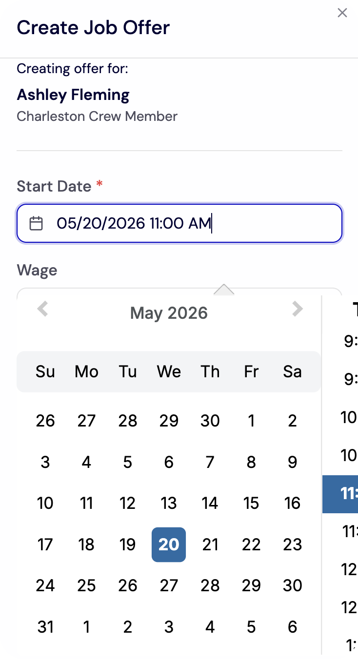 Send a Job Offer - Create Job Offer Start Date Calendar Picker screenshot