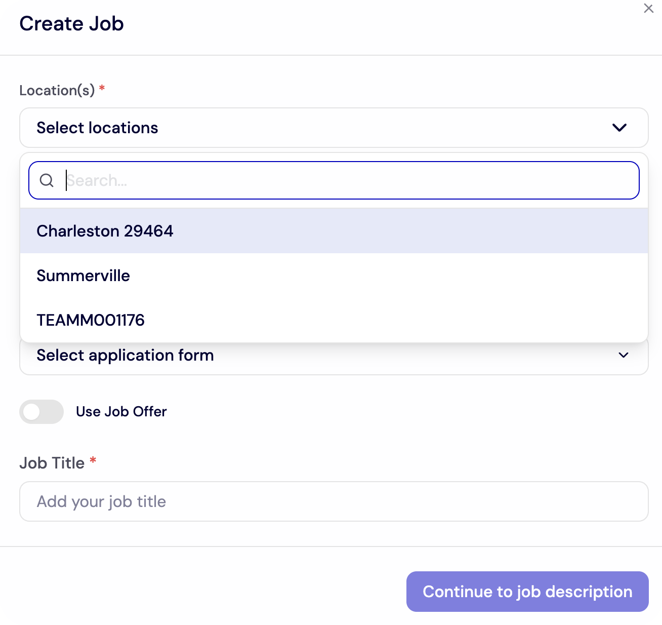 Create a New Job Posting - Create Job Location Dropdown screenshot