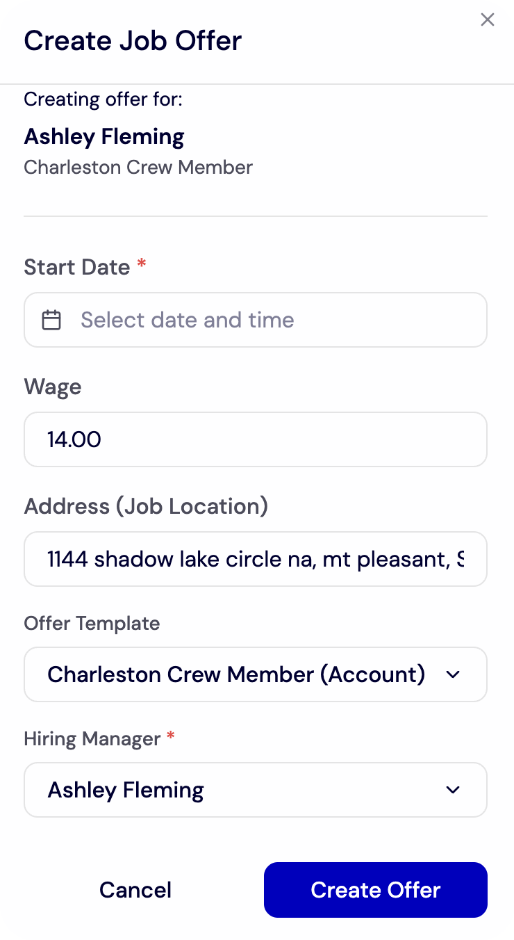 Send a Job Offer - Create Job Offer Form Empty Start Date screenshot