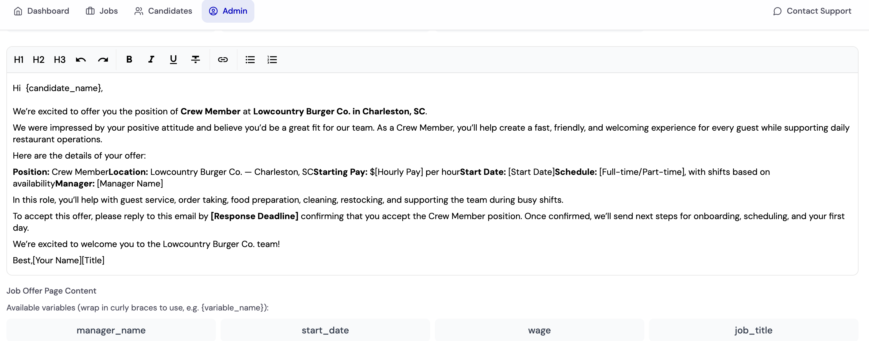 Screenshot showing the three job offer template content boxes