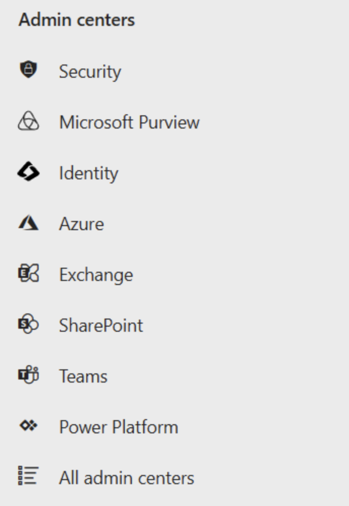 Microsoft admin center showing Identity under Admin centers