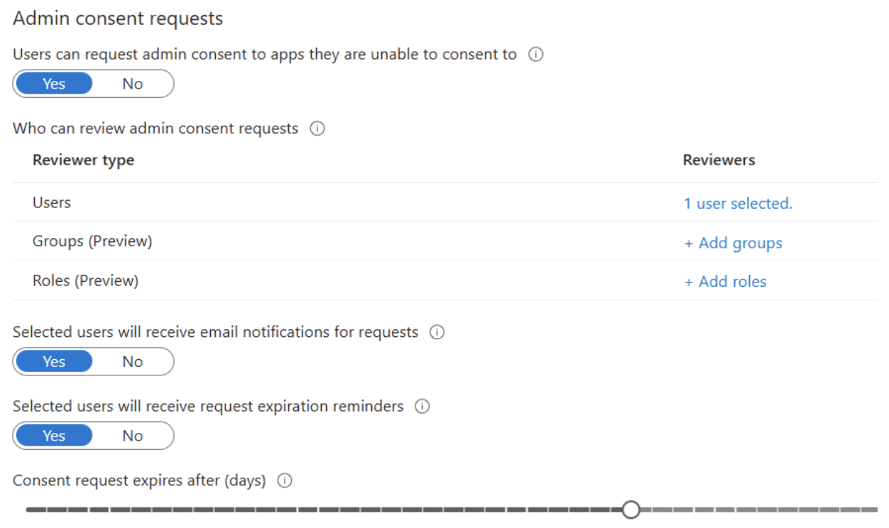 Admin consent requests setting showing Yes selected and reviewer section